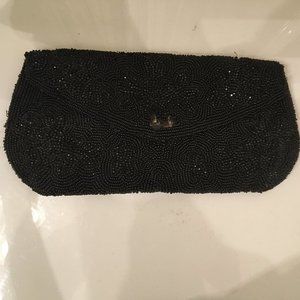 Vintage Black Beaded Clutch with intricate bead work and divided interior